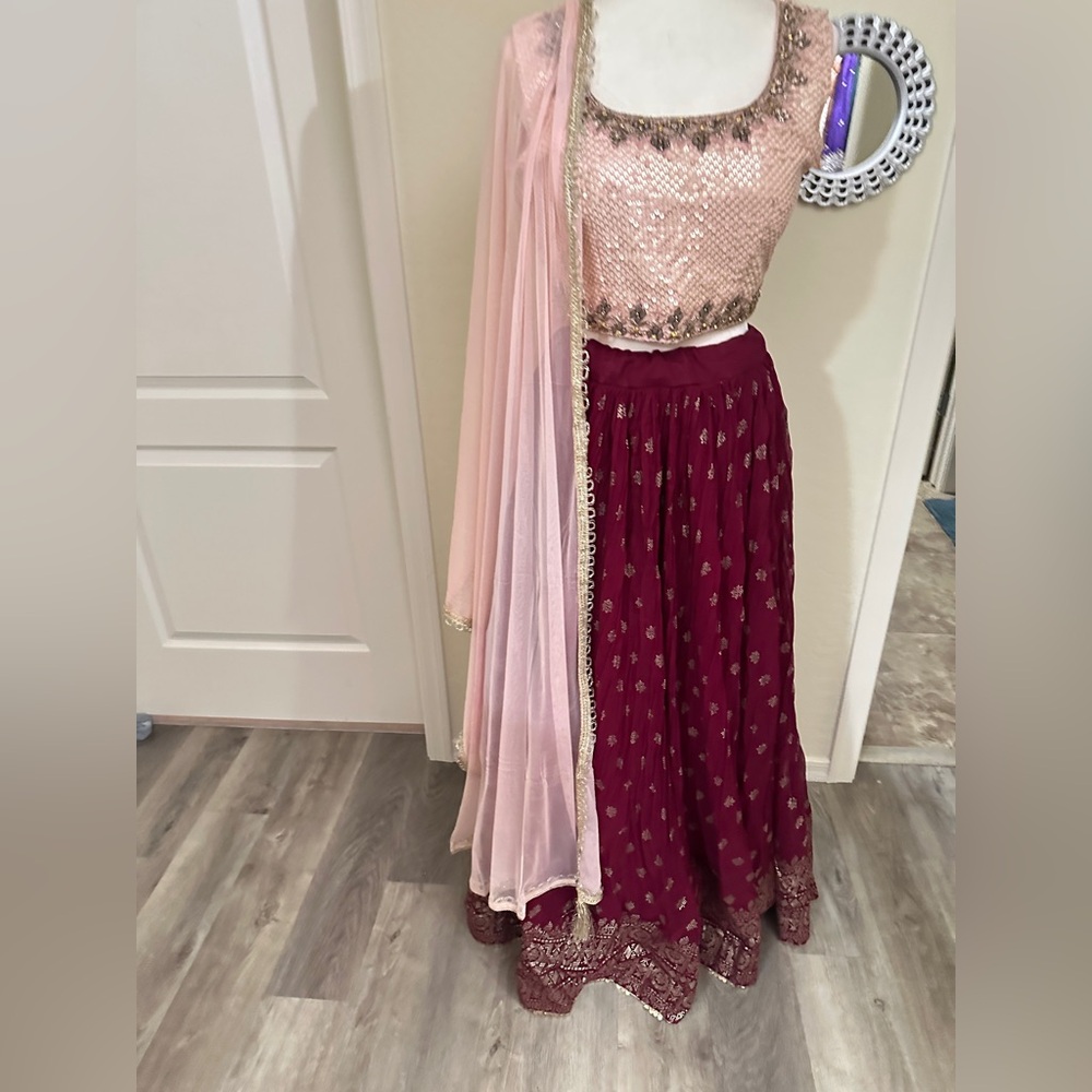 Elegant Pink and Burgundy Lehenga